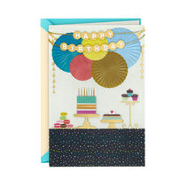 Card with balloons and cake collage and Happy Birthday' in banner