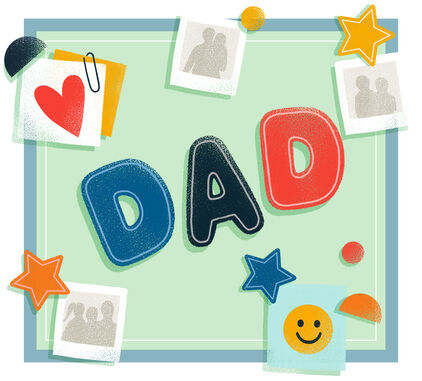 ‘Dad’ in blue, navy and orange surrounded by polaroid images.
