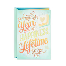 Even Better Together Anniversary card with gradient blue-green background scattered with hearts.