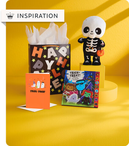 Halloween book, card, gift bag and skeleton plush