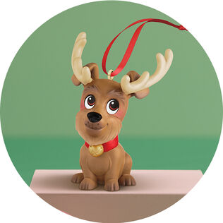 Dog wearing antlers ornament
