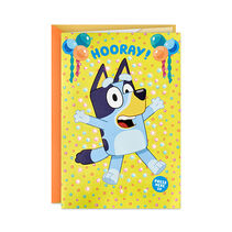 Card with Hooray and Bluey surrounded by light-up stars and colorful balloons on a yellow background