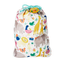 Cloth gift sack with jungle animal print, teal string, and gift tag that says "welcome baby"