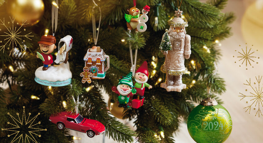 Group of ornaments on a Christmas tree