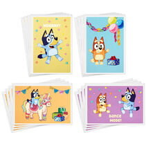 Bluey-themed assorted cards in blue, yellow, orange and purple.