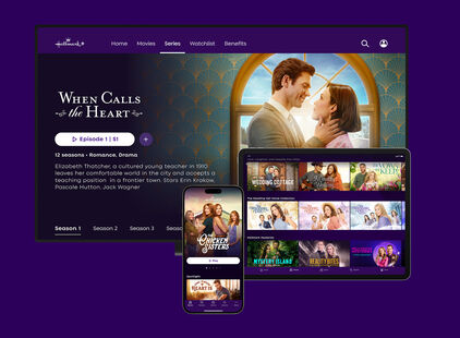Screenshot of Hallmarkplus.com homepage on a phone, tablet, and desktop screen