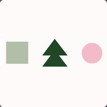 Light pink background with pale green square, dark green tree and bright pink circle