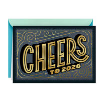 Cheers to 2026 card with gold scrolls and stars on a gray and black background