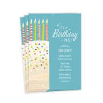 Drawing of a white birthday cake with colored confetti dots and pink and green patterned candles on a blue background next to customizable event details