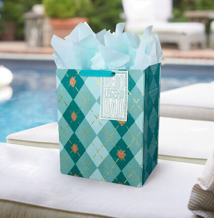 Hero Legend Dad Blue Plaid gift bag with tissue paper