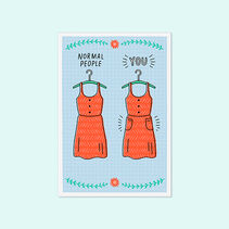 Greeting card with 2 red dresses on hanger on blue background