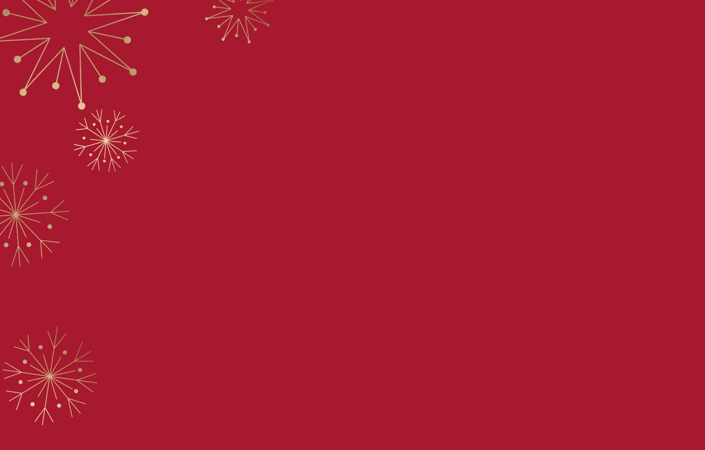 Gold snowflake and star shapes on a red background.