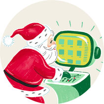 Illustrated Santa Claus looking at a computer.