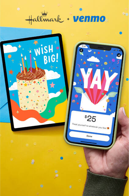 Hallmark card with ability to add a Venmo gift and phone showing Venmo experience for person receiving it.