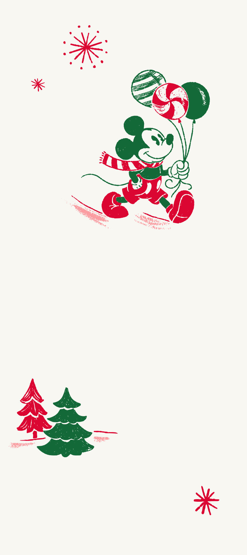   Red and green illustrated Mickey Mouse wearing a scarf carrying balloons 