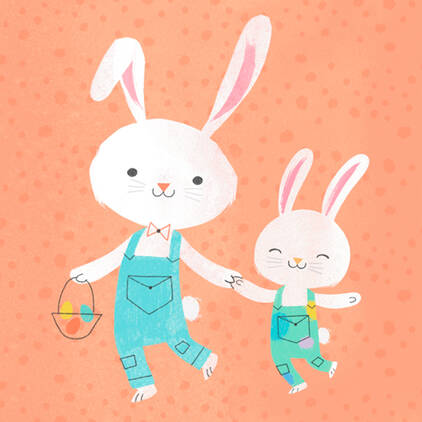 Large Easter bunny holding small bunnys hand