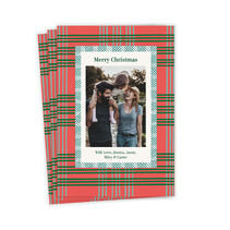 Flat card with modern plaid background with a blue-on-white pattern and holiday sentiment framing a your photo.