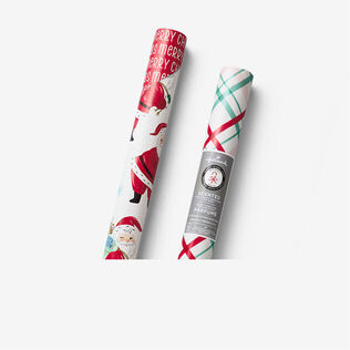 Two rolls of Christmas-themed wrapping paper