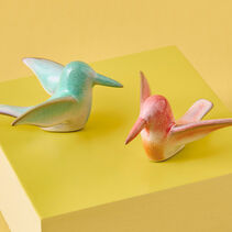 Pink and blue hummingbird glazed ceramic figurines