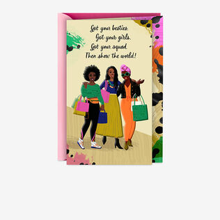 Mahogany card featuring three black women on the front. 