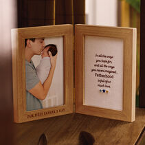 Hinged, two-photo frame with embroidered phrase about fatherhood on one side