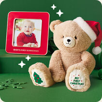 Christmas stuffed bear and red enamel photo frame