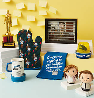 Products inspired by The Office TV show, including plush minis, a trophy, a mug and more.