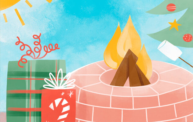 Illustration of a fire pit with wrapped presents and a Christmas tree around it