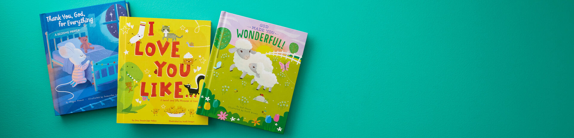 Three childrens books on a teal background