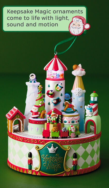 Keepsake Magic ornaments come to life with light, sound and motion.