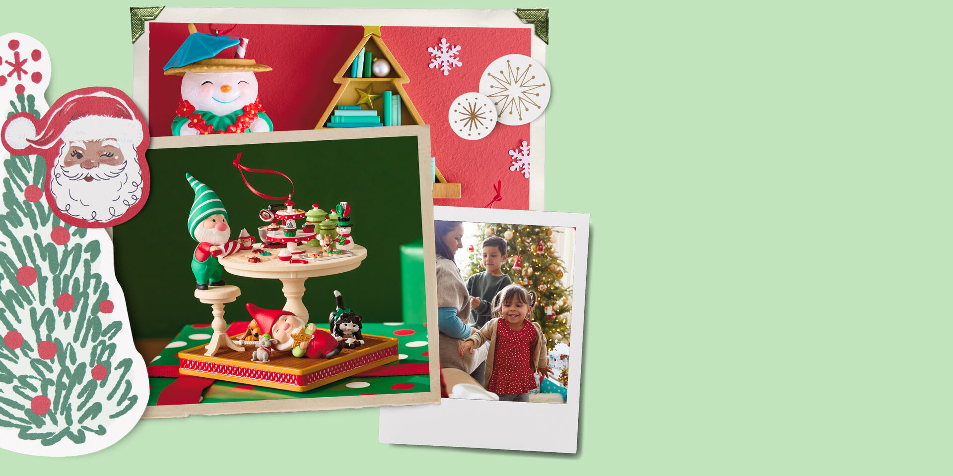 Photos stacked on top of each other featuring a family by a Christmas tree, ornaments of elves, and snowman ornament wearing a lei.