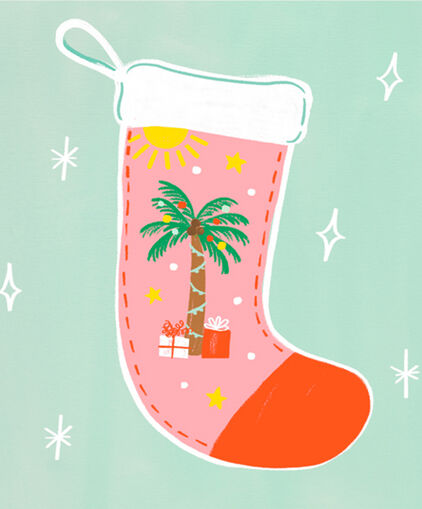 Illustration of a pink Christmas stocking with a tropical holiday design on it.