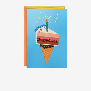 Card with a slice of birthday cake on an ice cream cone.