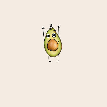 Sliced avocado with stick arms raised and a surprised face