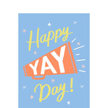 Blue Happy Day card with Yay megaphone and small stars.