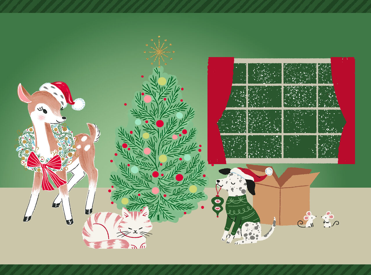 A deer, a cat, a dog holding an ornament, and a pair of mice in a living room around a Christmas tree.