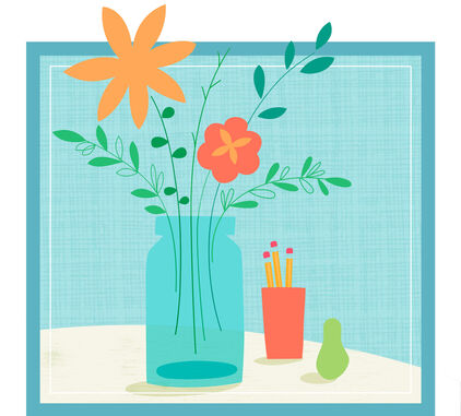Illustrated vase of flowers next to a cup of pencils and a pear.