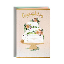 Pale pink card with Congratulations, wedding cake and gold foil accents. 