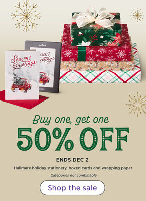 Buy one, get one 50% off. ENDS DEC 2 Hallmark holiday stationery, boxed cards and wrapping paper Categories not combinable. Shop the sale