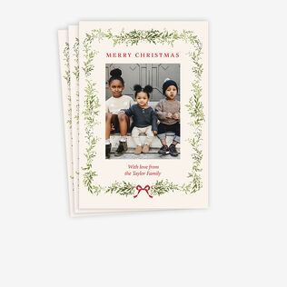 Garland Border Personalized Christmas Photo Card Card with Envelope indicating personalization image number 2 Garland Border Personalized Christmas Photo Card Card back with Envelope indicating personalization image number 3 Garland Border Personalized Christmas Photo Card Envelope indicating personalization image number 4 Garland Border Personalized Christmas Photo Card Card Front indicating personalization image number 5 Garland Border Personalized Christmas Photo Card Envelope Back fanned with Seal image number 6 Classy Garland Flat Christmas Photo Card