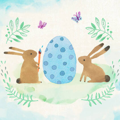 Two rabbits painting an Easter egg