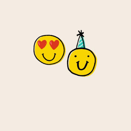 2 yellow smiling emoticons. One with heart eyes and the other a party hat