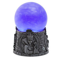 Purple crystal ball on a dark gray base carved to look like Maleficent