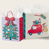 Christmas tree and Santa driving a red car on filled gift bags.