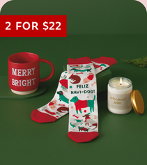 2 for $22 merry and bright mug, feliz navi-dog socks and single wick candle