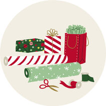 Illustrated piles of Christmas gift wrap, scissors, and ribbons.