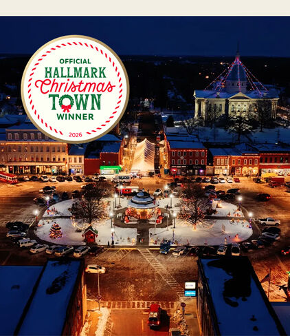 Aerial photo of Carlinville, IL. Official Hallmark Christmas Town Winner 2026
