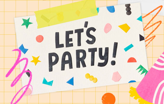 Lets Party! surrounded by colorful shapes