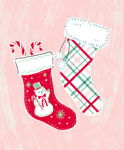 Illustrated plaid and snowman themed Christmas stockings