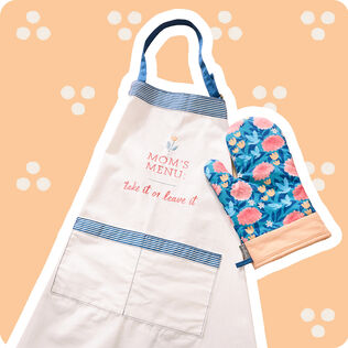 Apron with Mom's menu: take it or leave it' and floral oven mitt